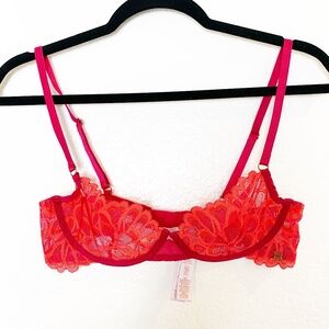 SAVAGE NOT SORRY UNLINED LACE BALCONETTE BRA 34C Pink Red Coquette Underwire